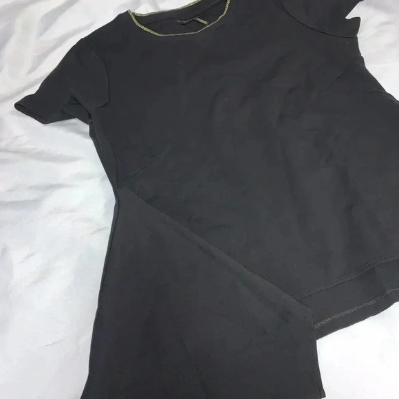 Donna Karen New York Size Medium Black Asymmetrical Style Top Gold Trim Neckline - Picture 4 of 6